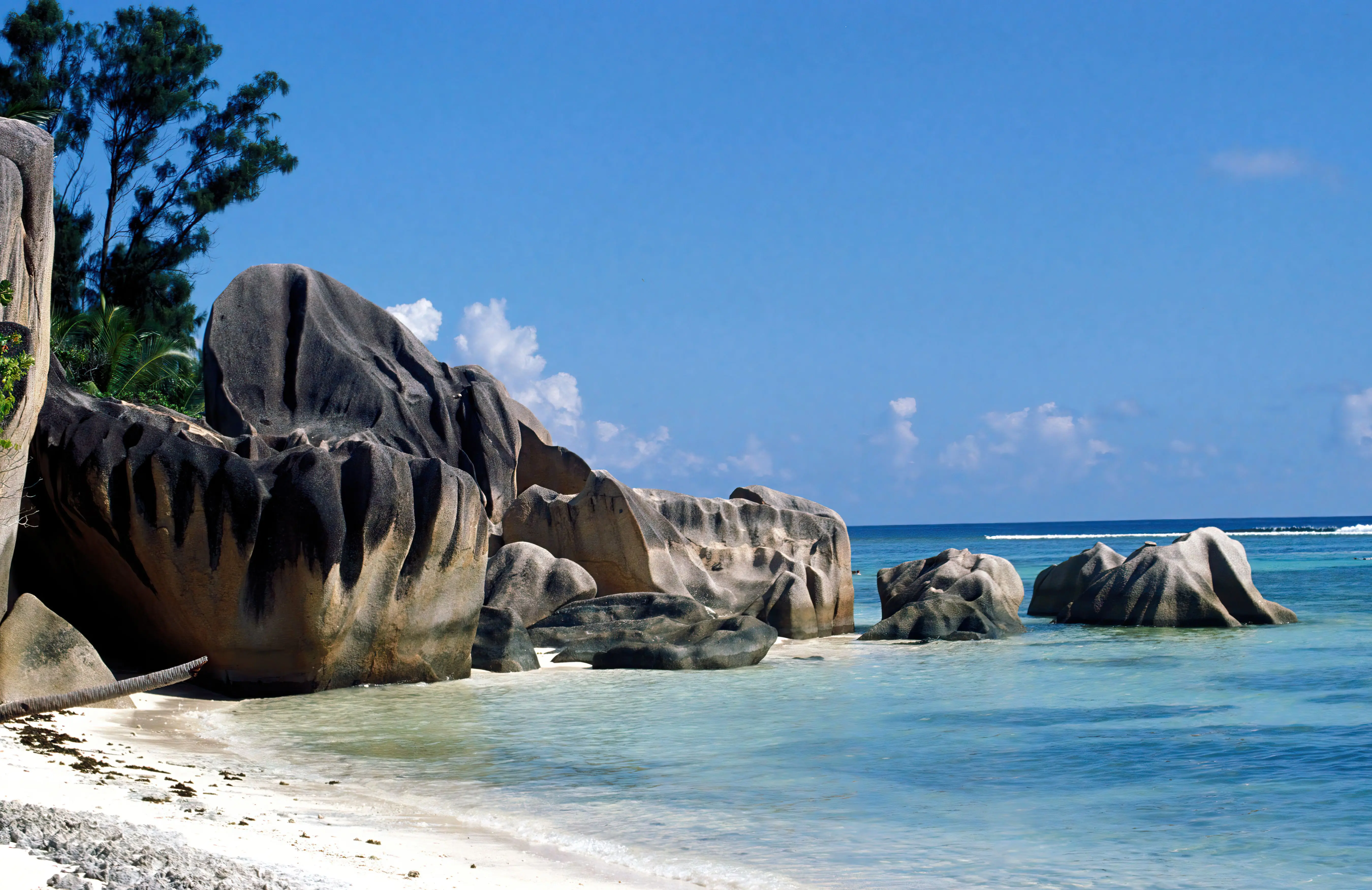Granite boulders and palms on a white beach with turquoise water